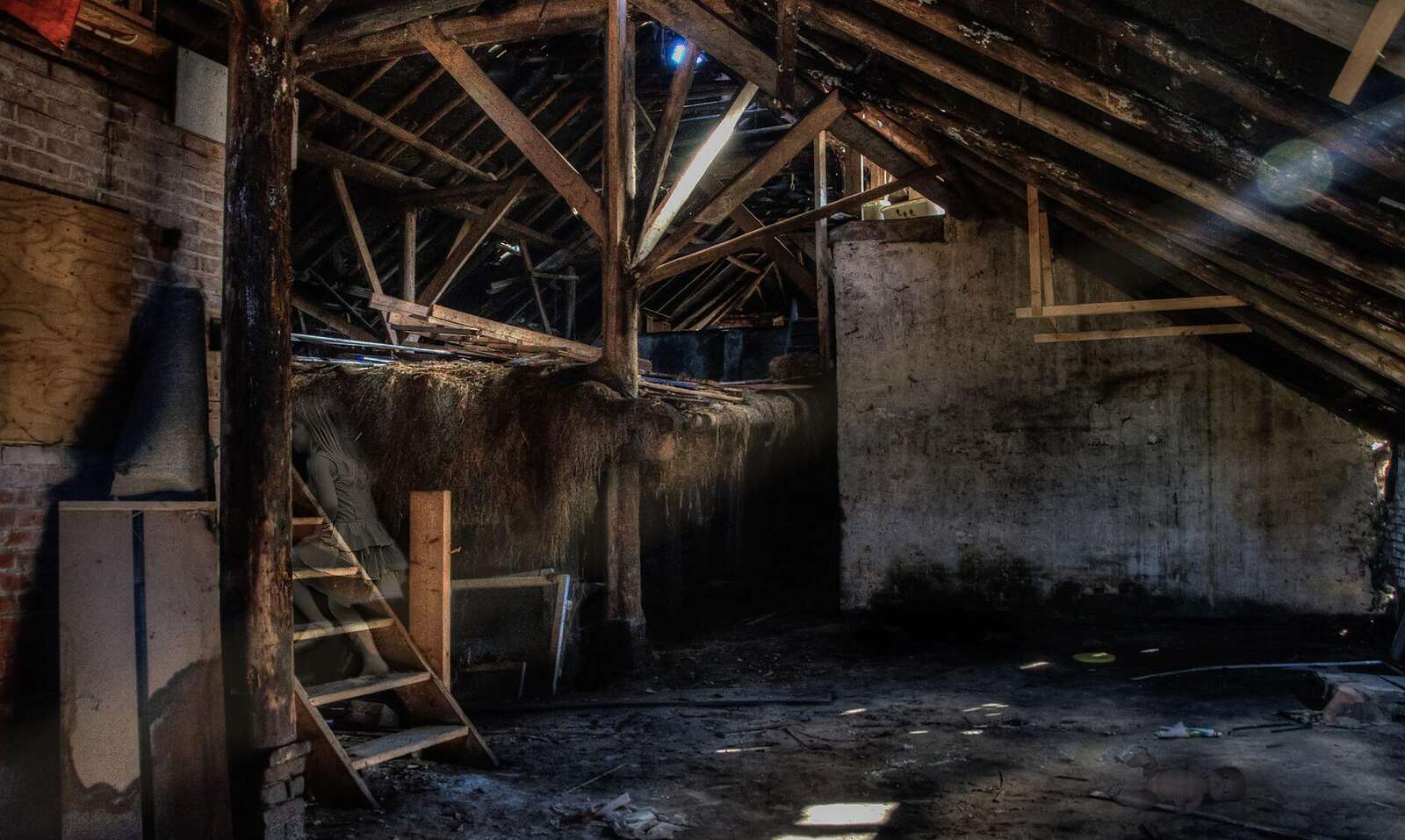 Rafters and roof boards inside an empty residential attic