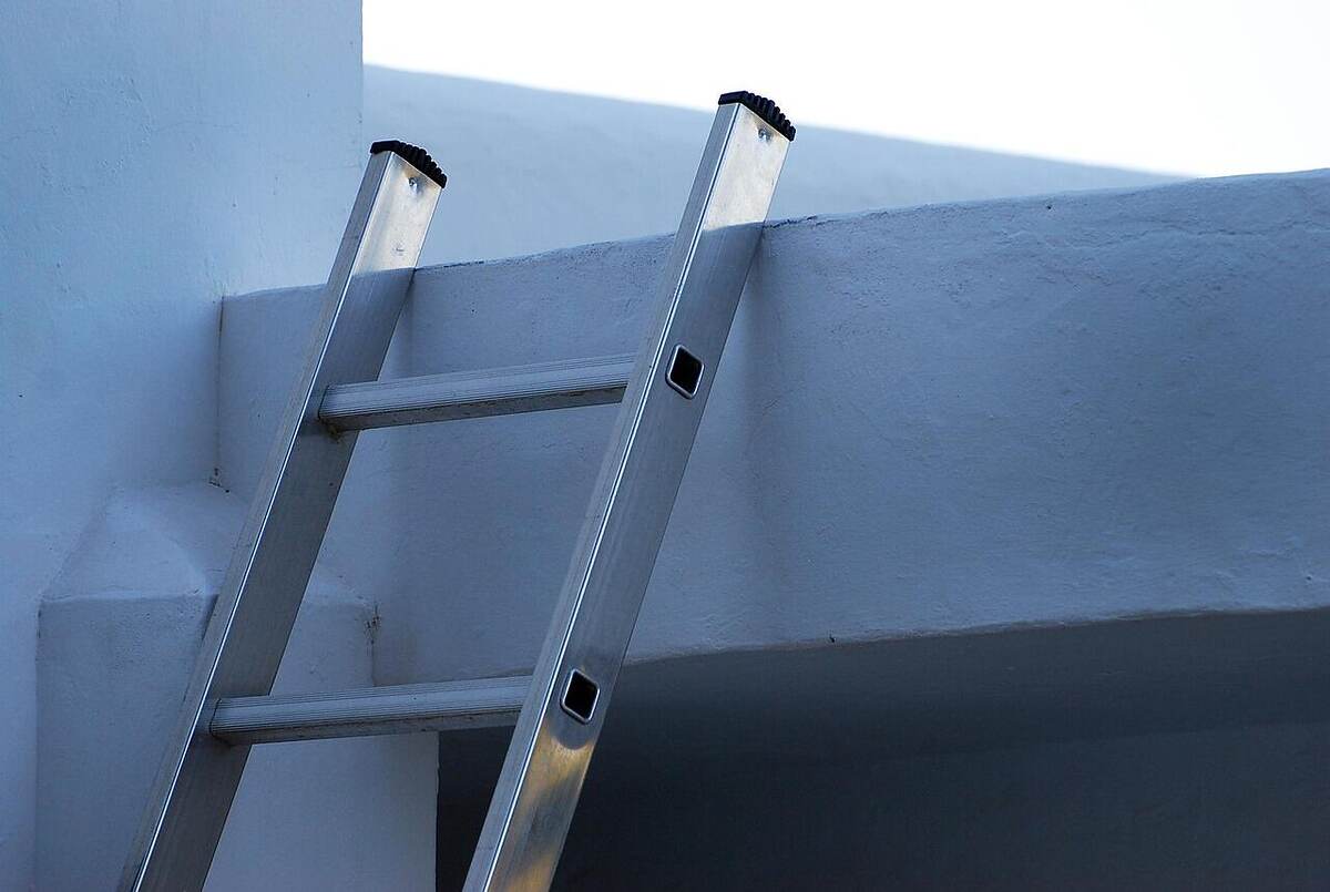 An extension ladder set against the eave of a house, seen from the ground