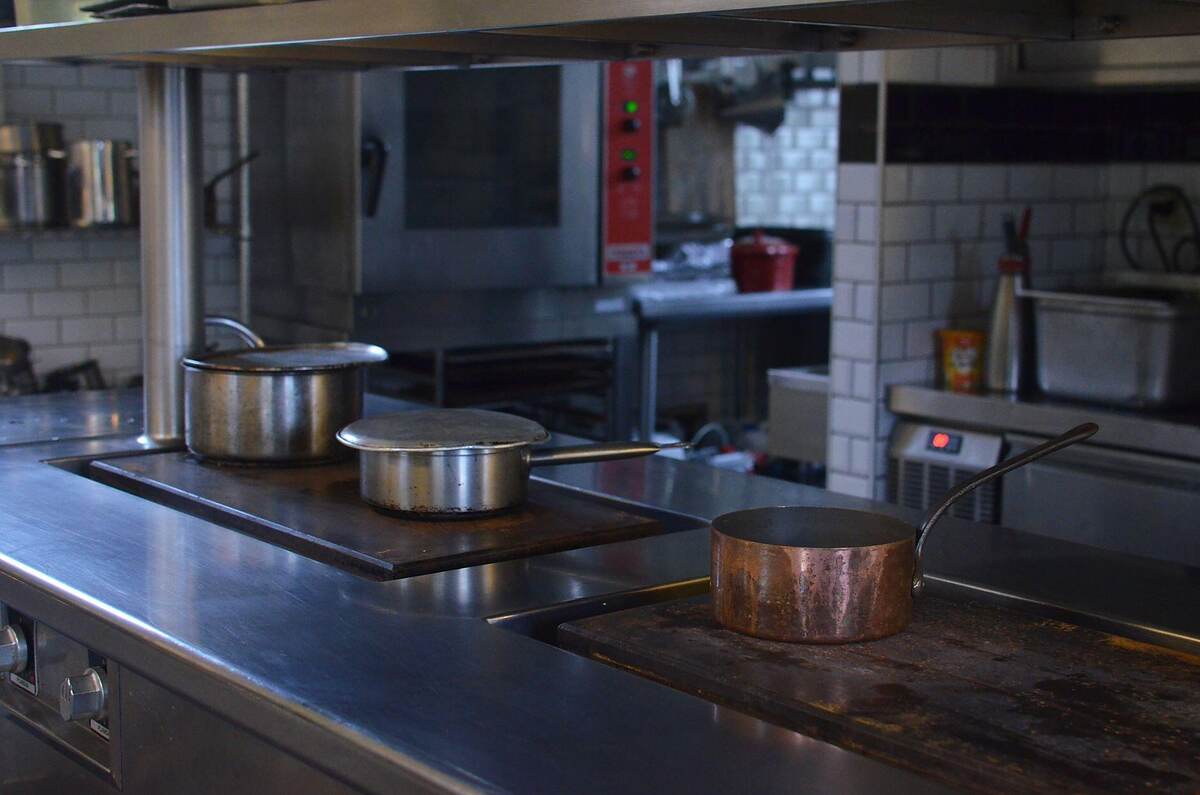 Stainless steel equipment along a restaurant kitchen line