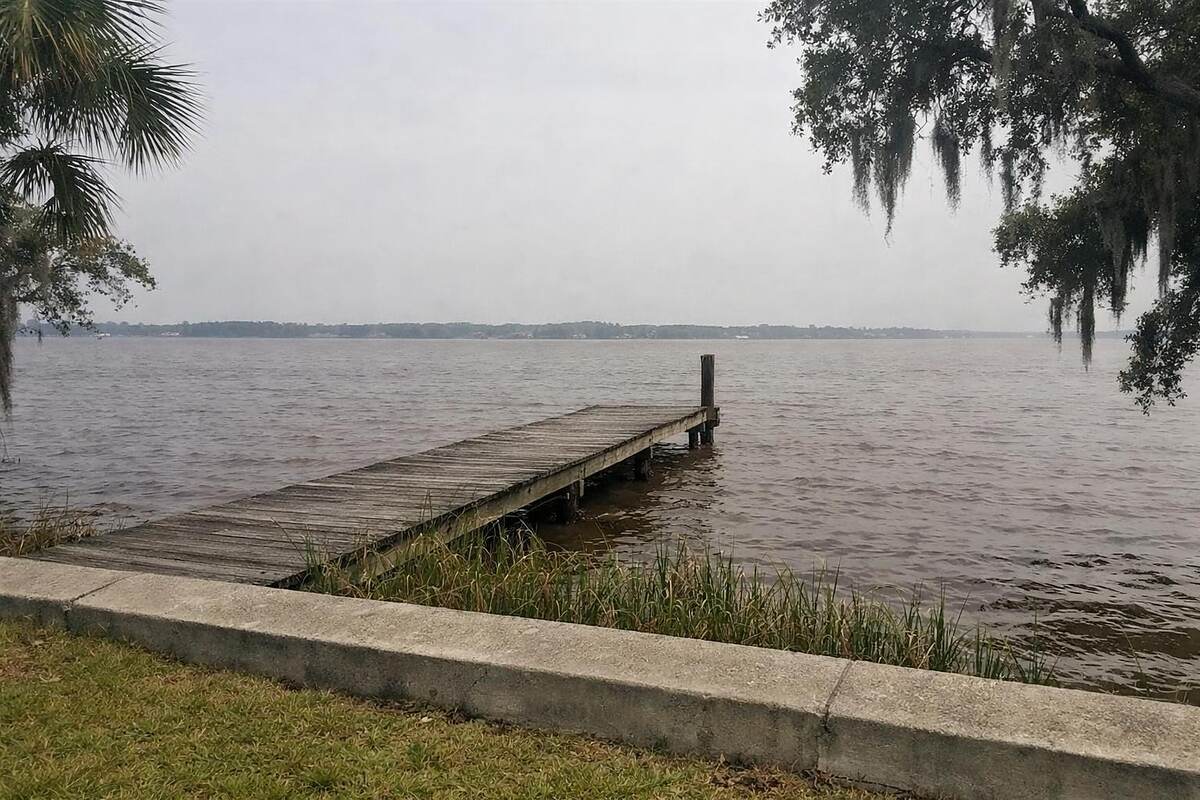 A concrete seawall and wooden dock on the St. Johns River